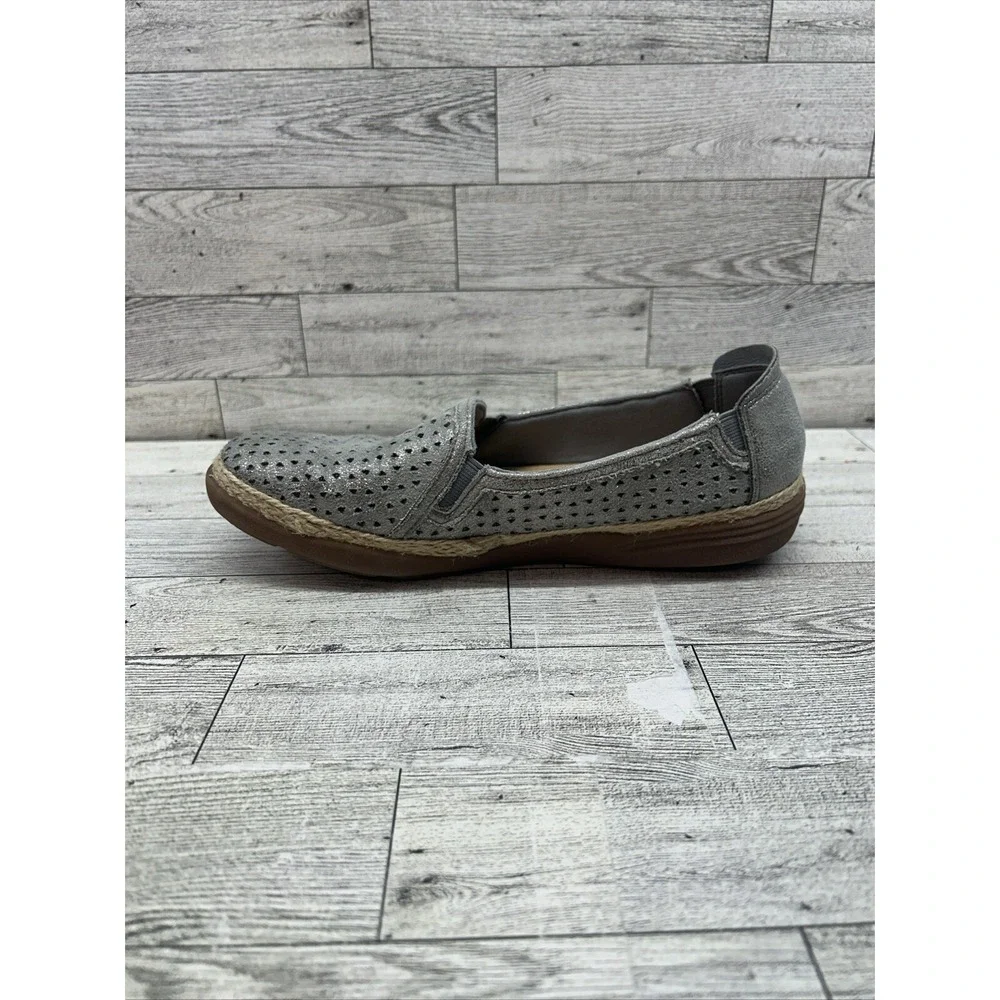Women's Clarks Elaina Ruby Slip-On Leather Espadrille Shoes Silver Pewter Sz 6.5